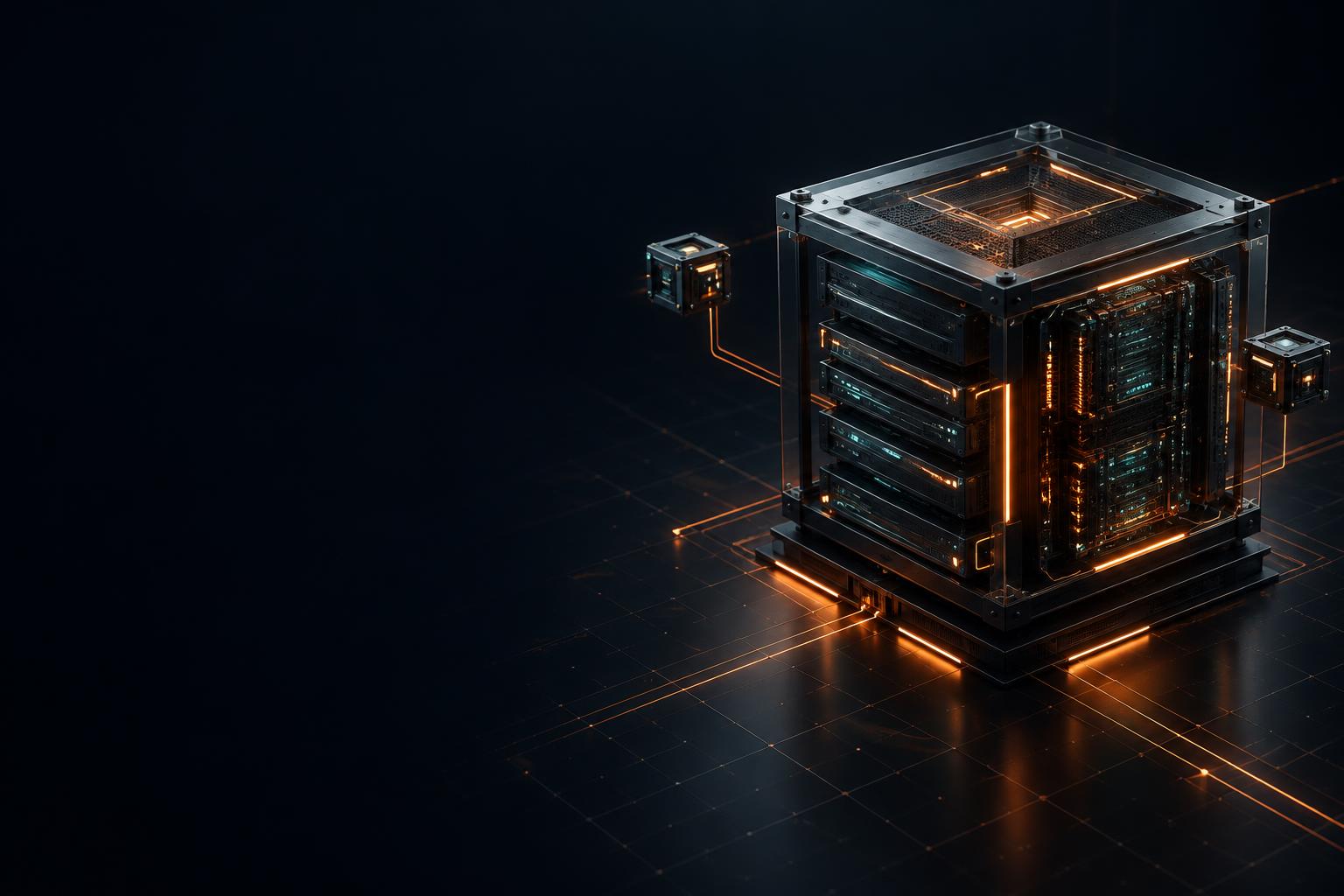 An illuminated modular server with orange circuits, representing the Ridz Coder software lab
